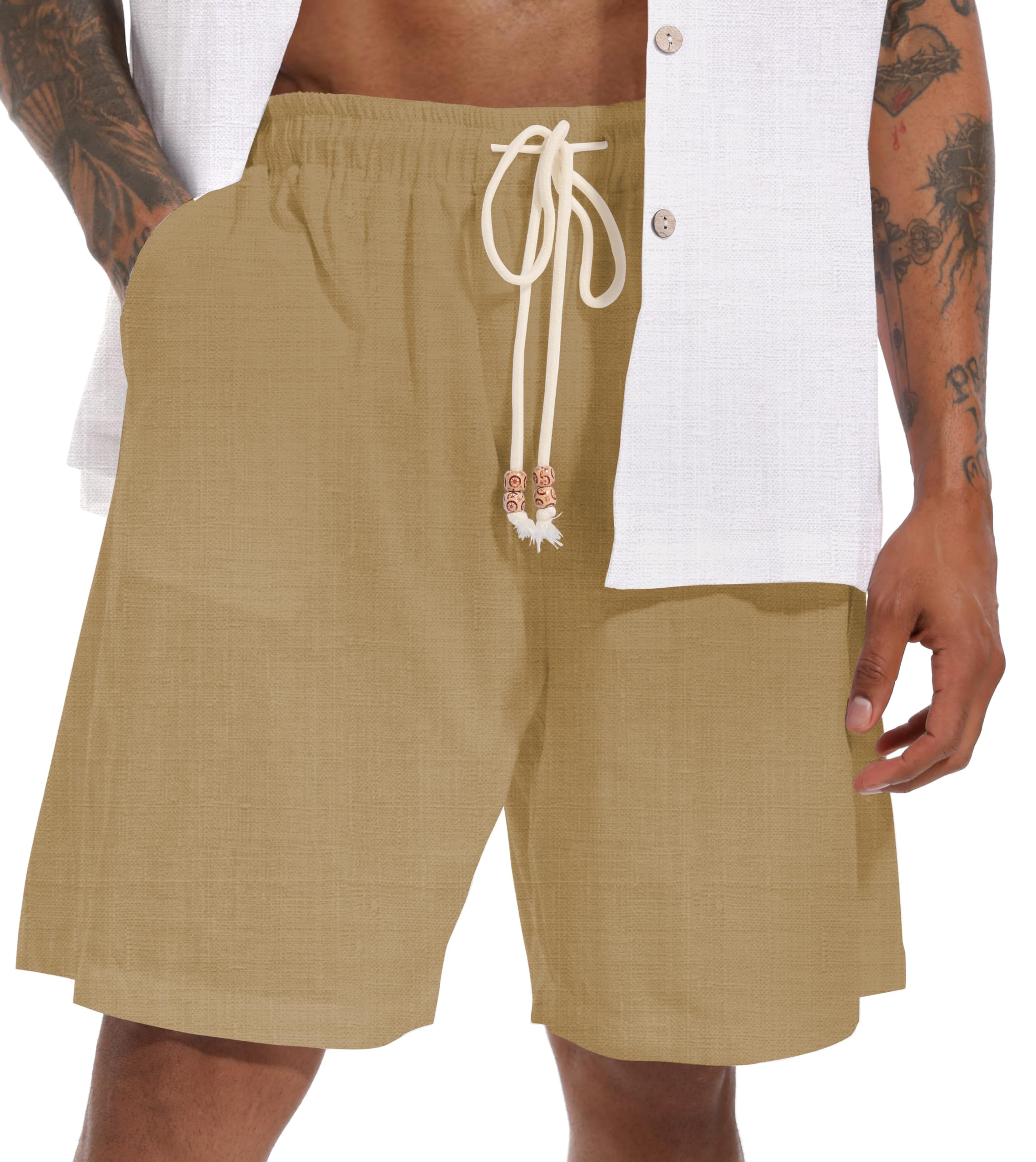 **Men's Linen Flat Front Shorts - Casual Elastic Waist Drawstring Summer Beach Shorts with Pockets - Perfect for Travel, Vacation & Outdoor Activities**