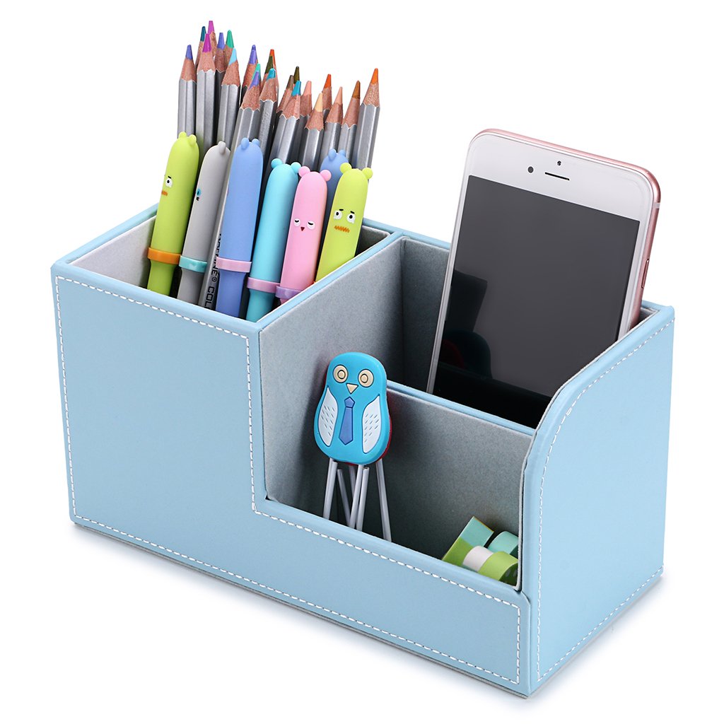 BTSKY PU Leather Desk Organizer - Multifunctional Pen Pencil Holder, Business Card & Phone Storage, Remote Control Stationery Box for Home Office Desktop Organization (Blue) | Perfect for Workspace, Study & Gift Giving