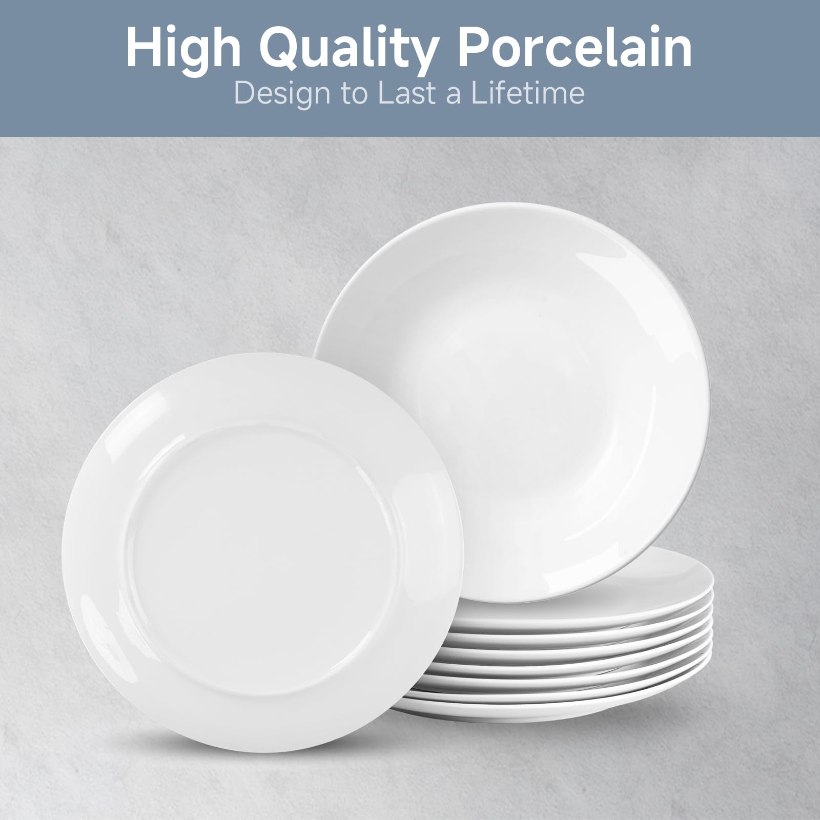 Premium White Ceramic Dinner Plates Set of 8 - 10 Inch Round Plates for Salad, Pizza & Everyday Dining - Microwave & Dishwasher Safe Dinnerware - Perfect for Restaurants, Home Kitchens & Party Serving