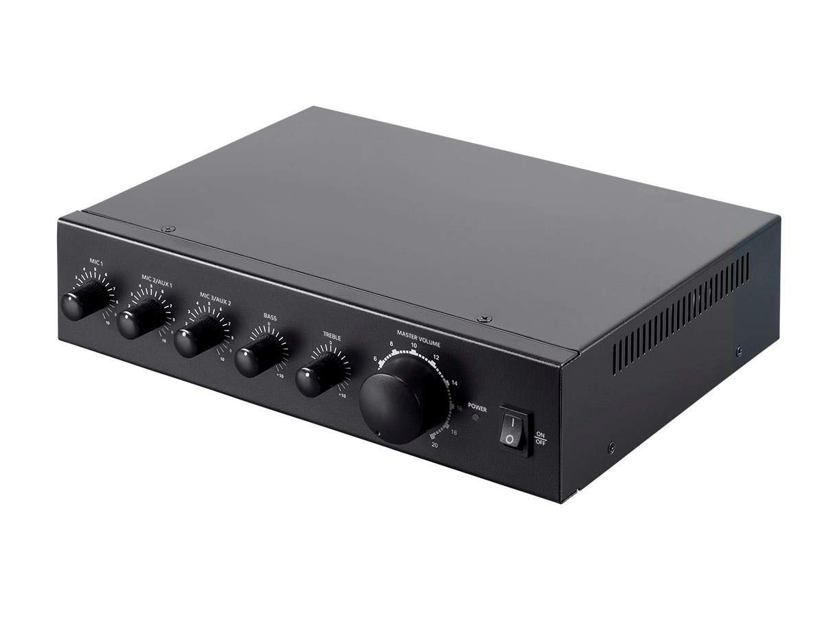 Monoprice 60W 3-Channel Commercial Audio Mixer Amplifier with 100V/70V Output - 3 Mic Inputs, Bass & Treble Controls, Volume Knob (Black) - Perfect for Restaurants, Churches, and Public Address Systems