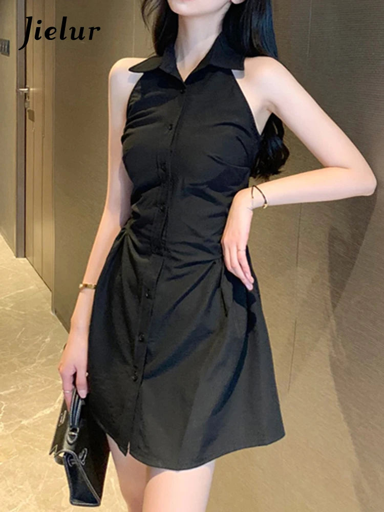 Black Halter Polo Neck Women's Shirt Dress - Slim Waist Sleeveless Solid Color Single Breasted Office Dress for Women | Perfect for Business Casual, Workwear & Summer Outfits