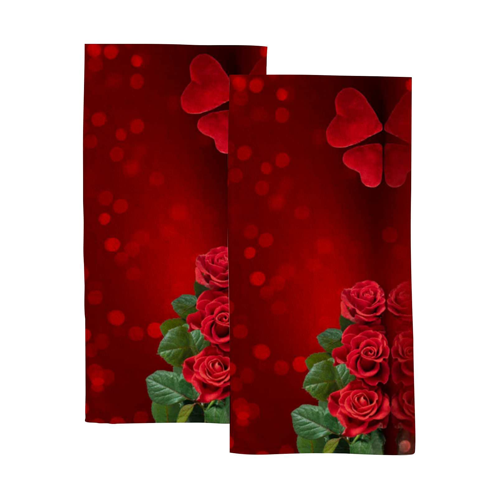 Kuizee Microfiber Hand Towel & Face Towel Set (2-Pack) - Valentine's Day Red Roses Heart Design, Quick-Drying, Highly Absorbent, Ultra Soft - 30x15 Inches for Bathroom, Kitchen & Spa Use