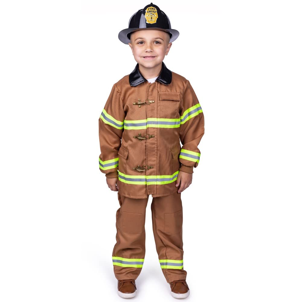 Firefighter Costume for Kids - Realistic Fireman Dress Up Set with Hat & Badge - Role Play Pretend Play for Halloween, Parties & Career Day