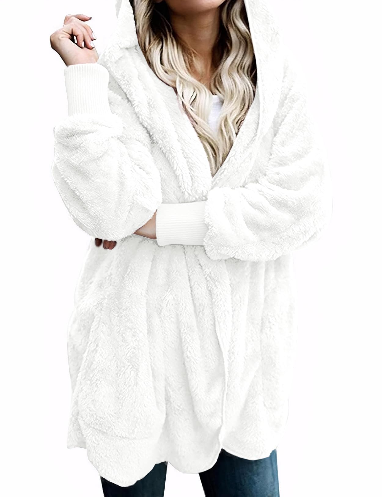 Zilcremo Women's Hooded Cardigan Fuzzy Jacket - Winter Open Front Fleece Coat with Pockets | Cozy Outerwear for Casual Wear, Lounge & Outdoor Activities