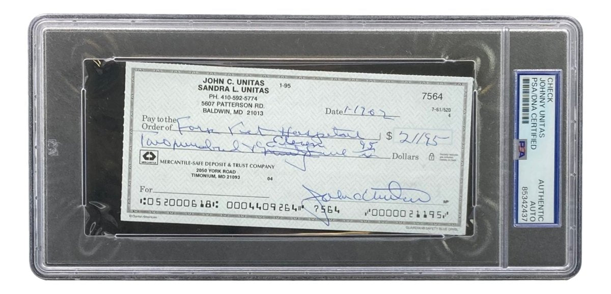 Johnny Unitas Baltimore Colts Autographed Signed Bank Check #7564 PSA Certified - Rare Football Memorabilia for Collectors & Sports Fans Display