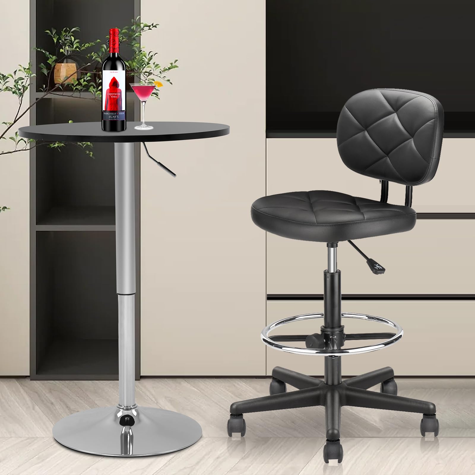 4-Pack Adjustable Drafting Stool with Low Back Support & Footrest - PU Leather Swivel Chair for Office, Home, Standing Desk - Ergonomic Rolling Stool for Artists, Architects & Workstations