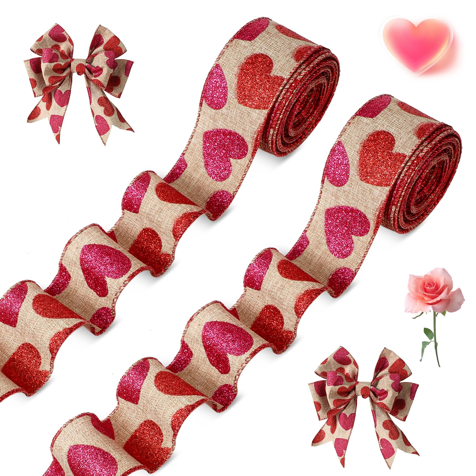 2 Rolls 20 Yards Glitter Hearts Wired Edge Burlap Ribbon - Valentine's Day DIY Gift Wrapping, Wreath & Craft Decoration (1.5 Inch, Natural/Red/Pink) - Perfect for Party Decor, Wedding Favors, Scrapbooking & Home DIY Projects