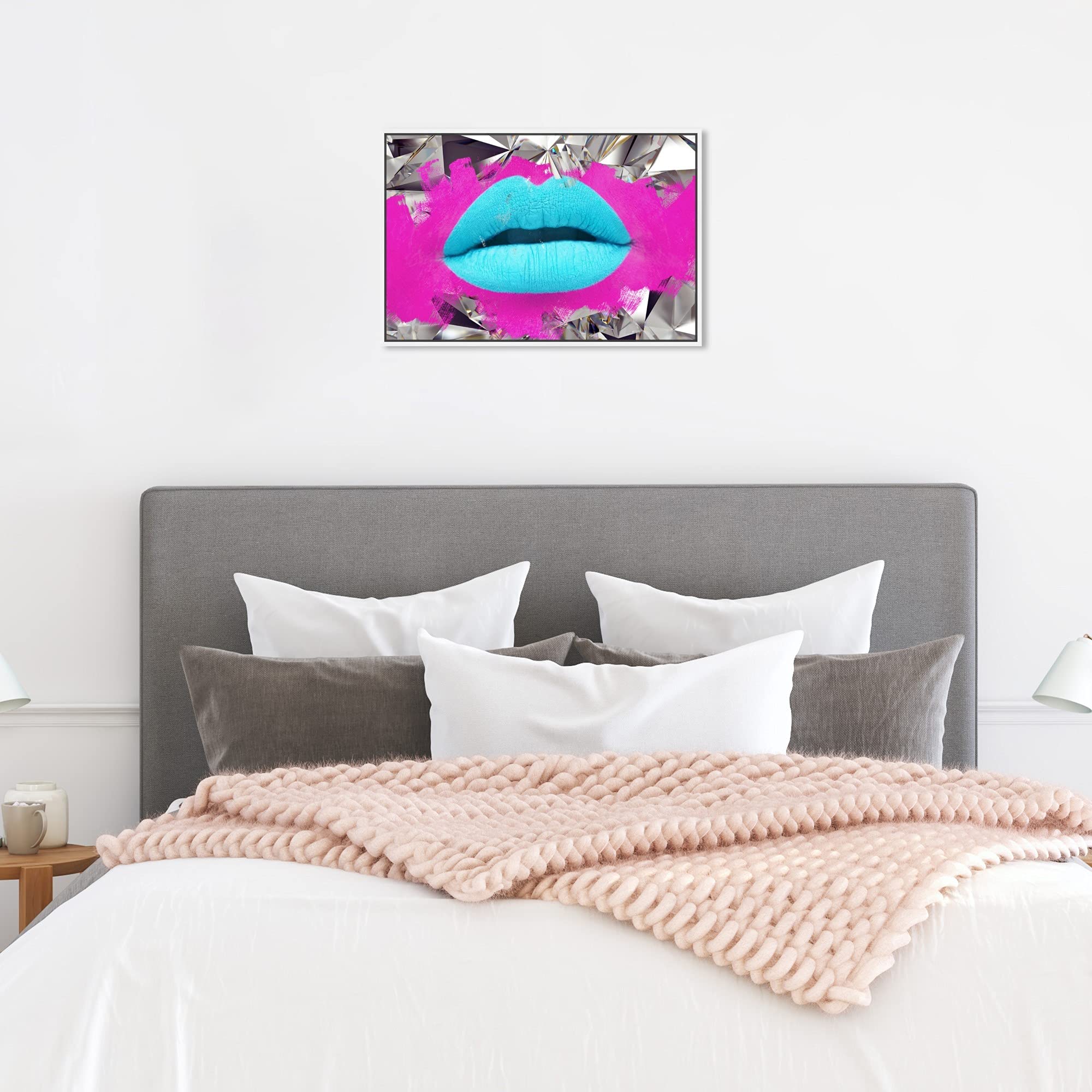 Oliver Gal Artist Co. Fashion Glam Wall Art - Lips Androkiss Canvas Print with White Floating Frame 24x16 Inches - Perfect for Living Room, Bedroom & Office Décor