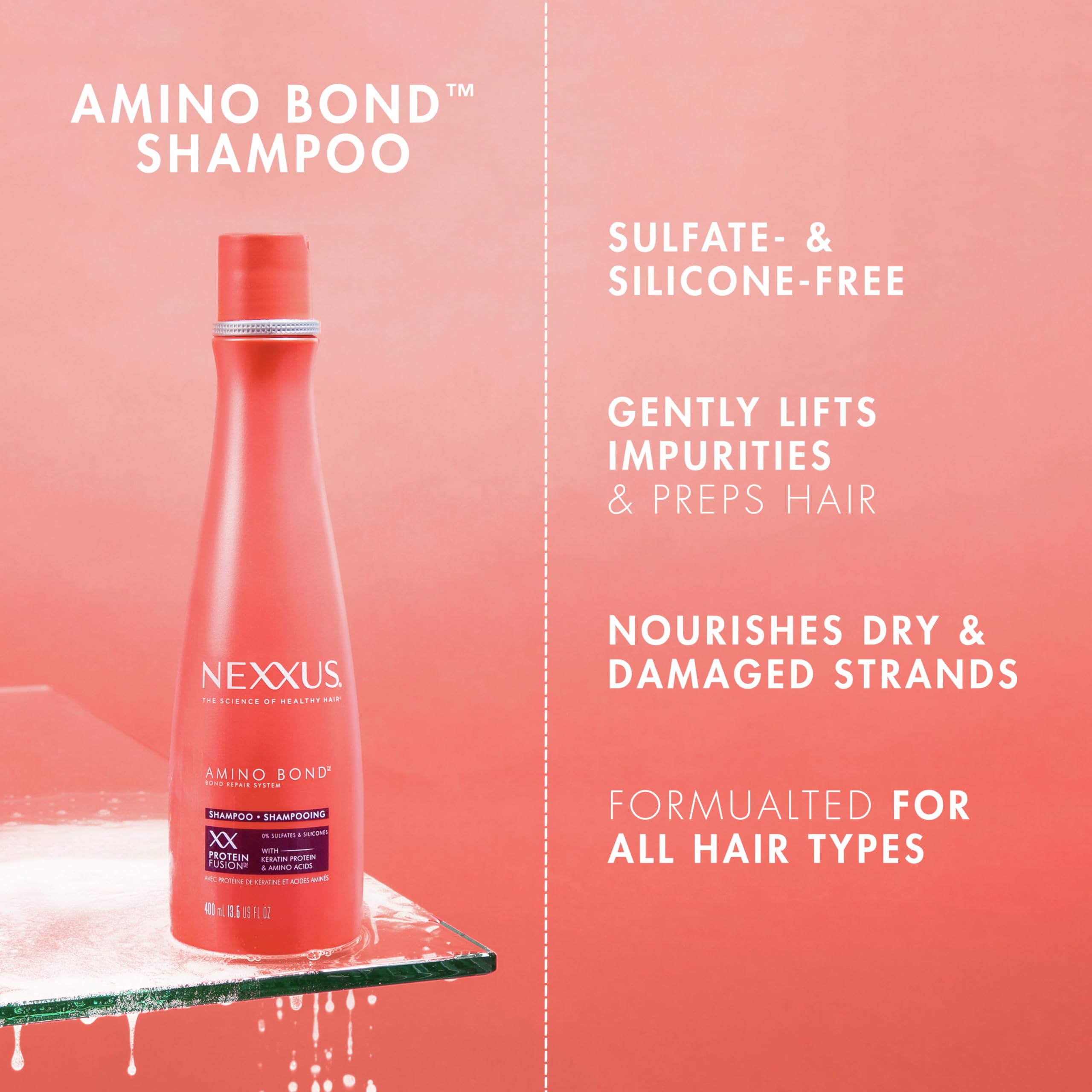 Nexxus Shampoo Amino Bond Repair for Damaged Hair - Keratin Protein & Amino Acid Treatment (13.5 oz) - Salon Quality Hair Care for Dry, Brittle & Color-Treated Hair at Home