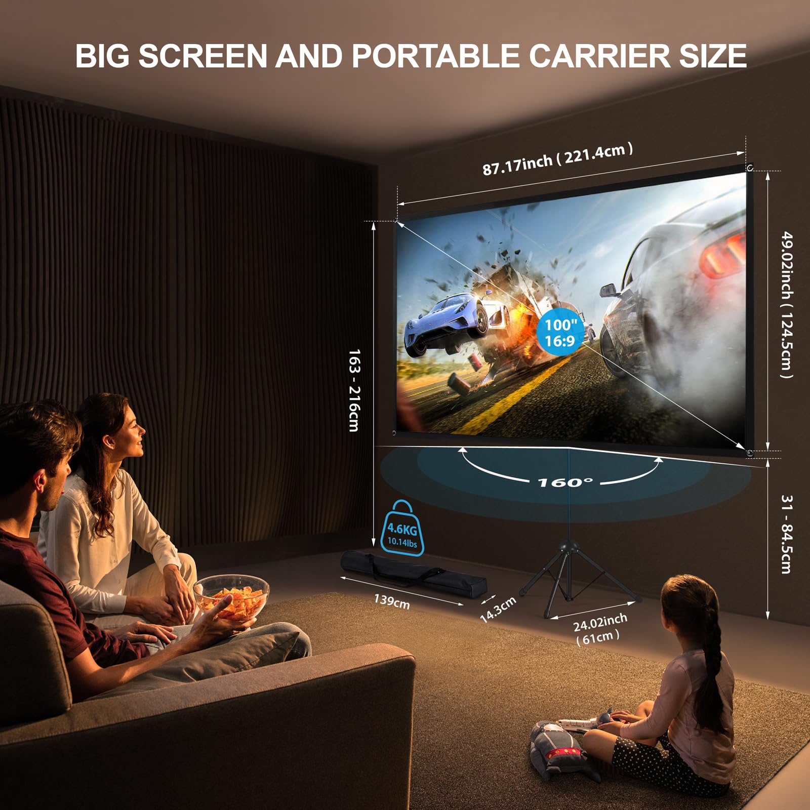 100 Inch ALR Projector Screen with Stand - Portable 16:9 Outdoor Projection Screen, High Contrast & Ambient Light Compatible - Easy Setup for Home Theater, Backyard Movie Nights, and Outdoor Entertainment
