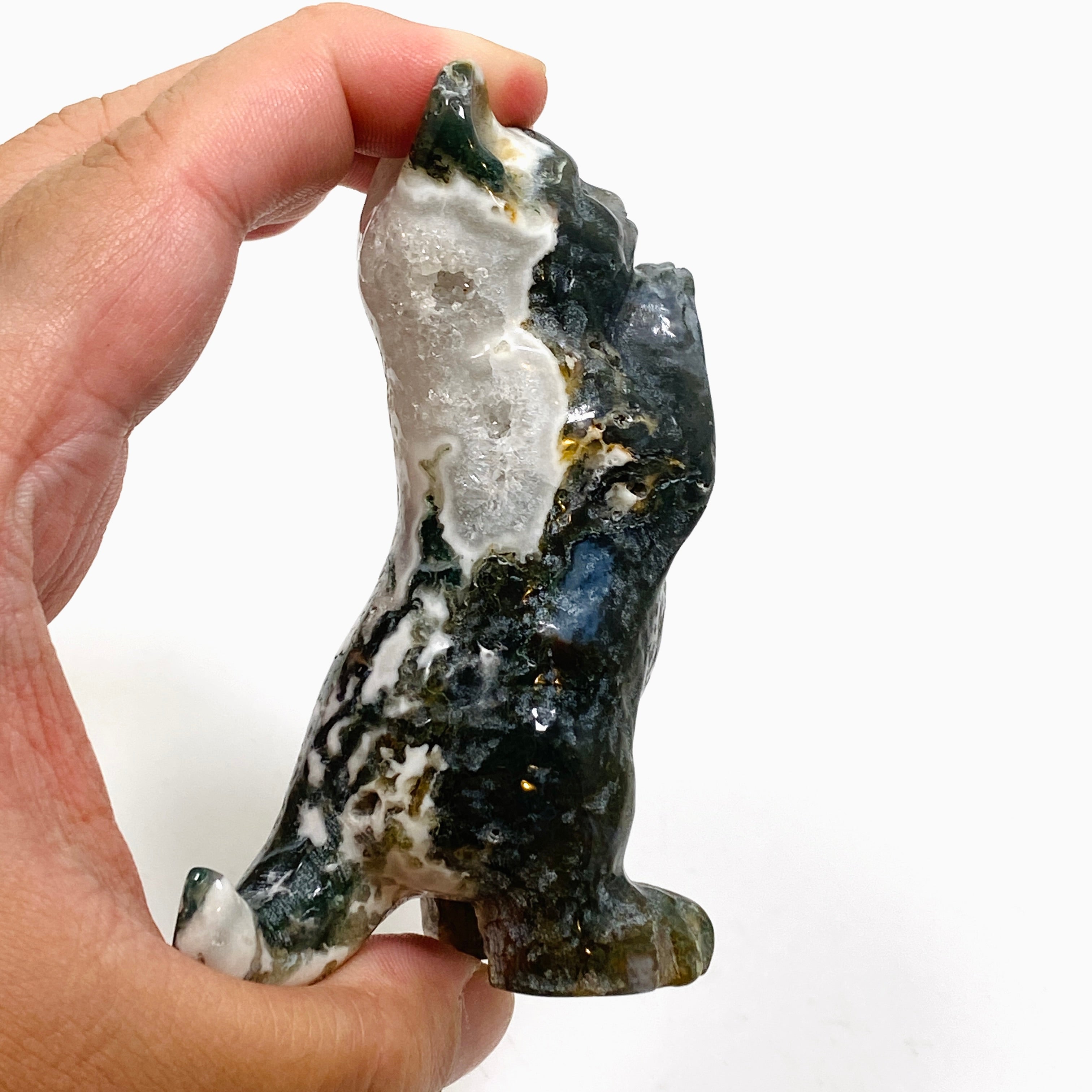 Handcrafted Moss Agate Cat Carving MAC 03 - Unique Gemstone Home Decor for Cat Lovers | Perfect for Bookshelf Display, Feng Shui Decor & Gift Giving