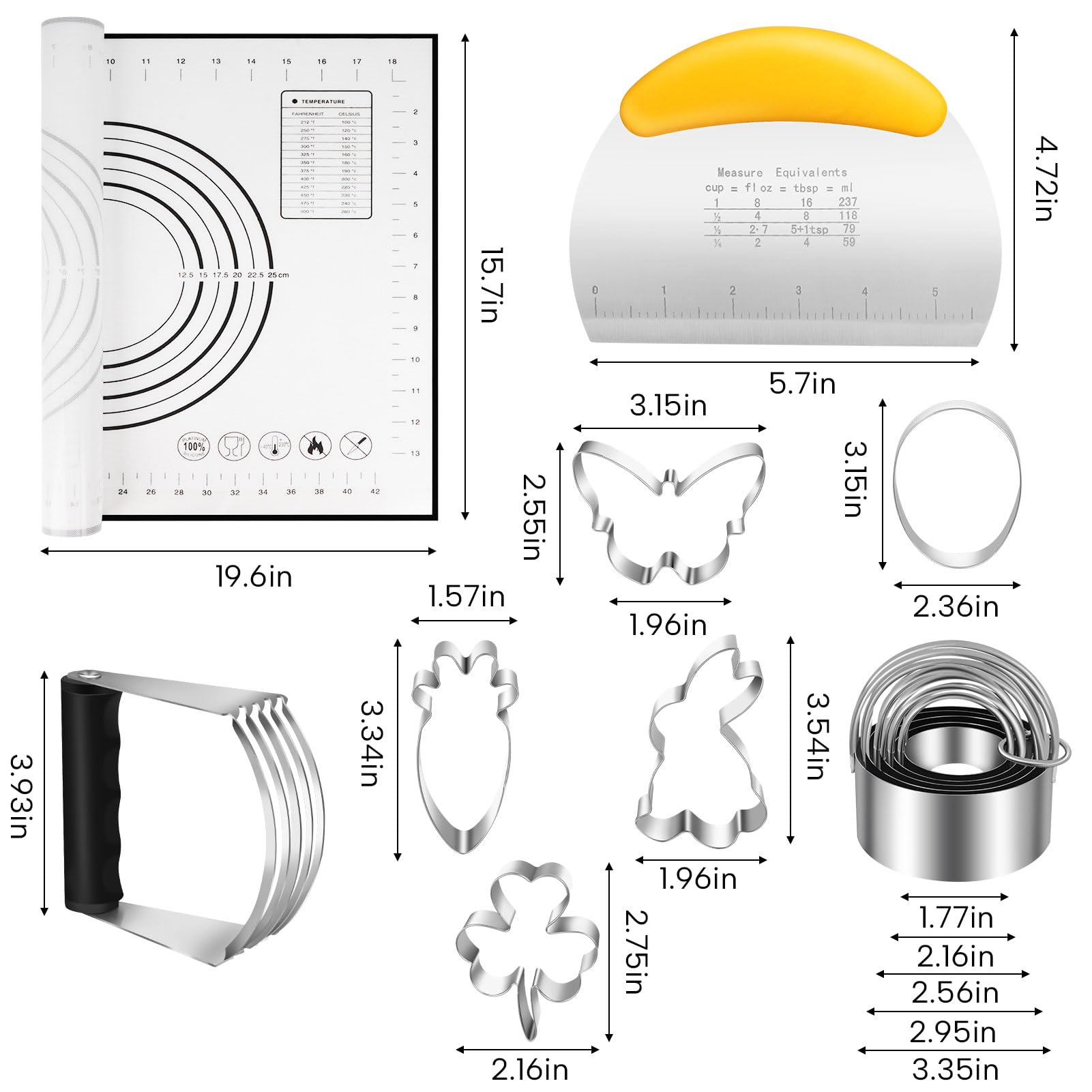 9-Piece Pastry Cutter Set - Stainless Steel Dough Blender, Silicone Baking Mat, Cookie Cutters & Baking Tools Kit for Perfect Pies, Biscuits & Pastries | Ideal for Home Bakers & Professional Kitchens
