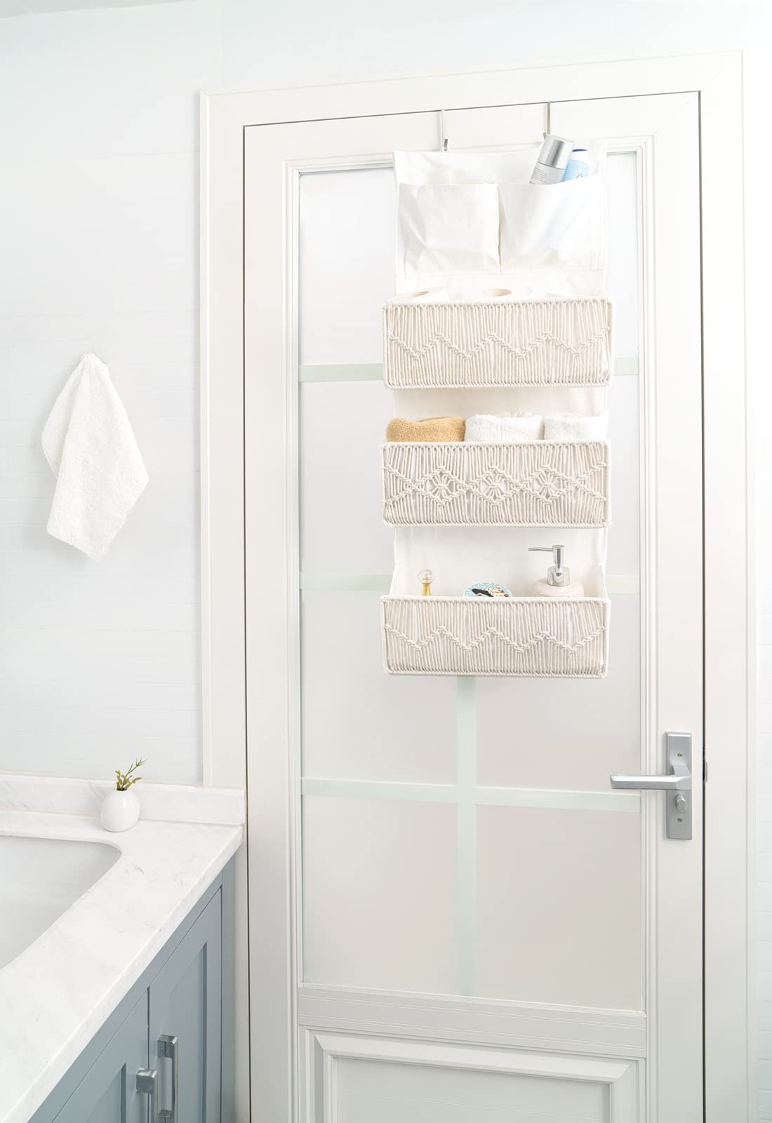 Mkono Macrame Storage Baskets Set of 3 - Boho Chic Over The Door Organizer for Nursery, Bedroom, Closet & Bathroom | Perfect for Dorm Decor, Wall Hanging & Home Organization