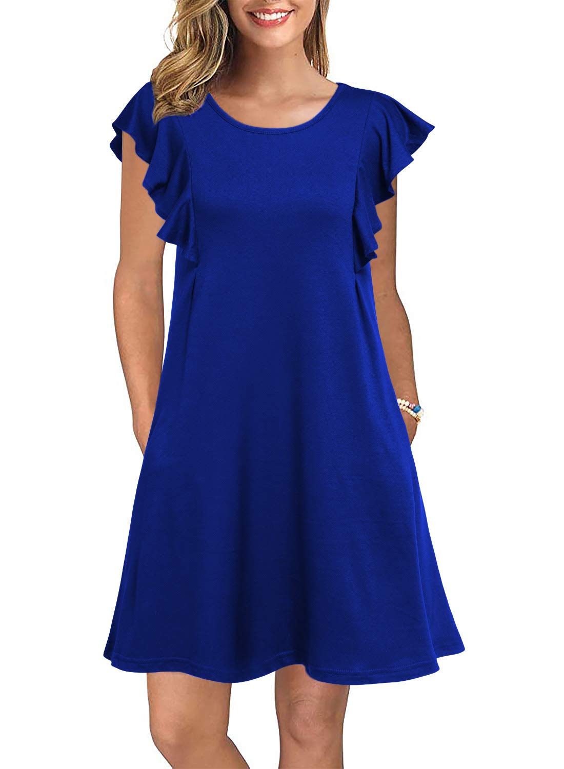 WOOSEA Women's Summer Casual T-Shirt Dress with Ruffle Sleeves & Pockets - Flowy Swing Dress for Beach, Vacation & Everyday Wear