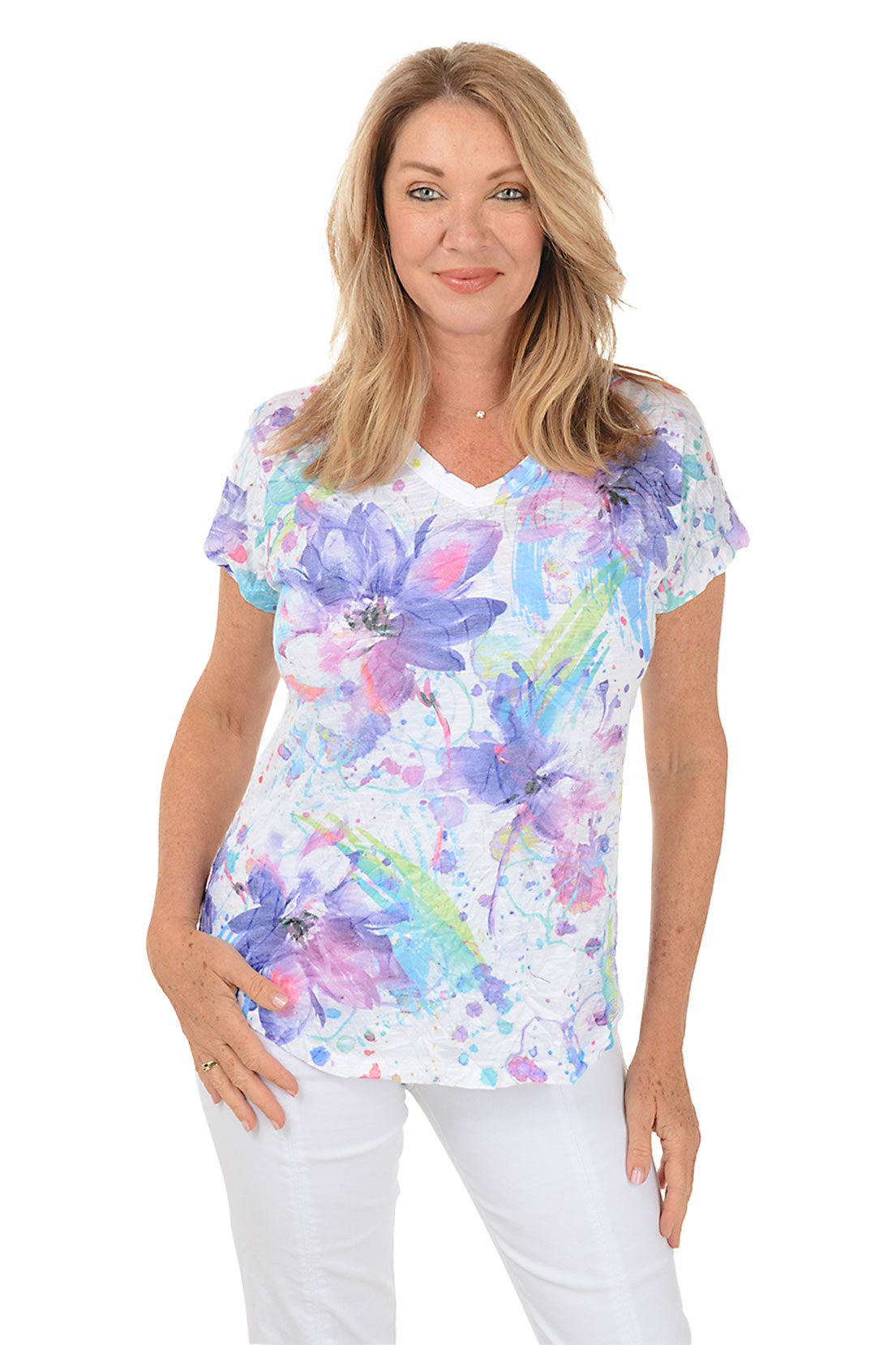 Sophia Women's Crushed Short Sleeve Knit Top - Soft Casual V-Neck Blouse for Everyday Wear, Office & Date Night