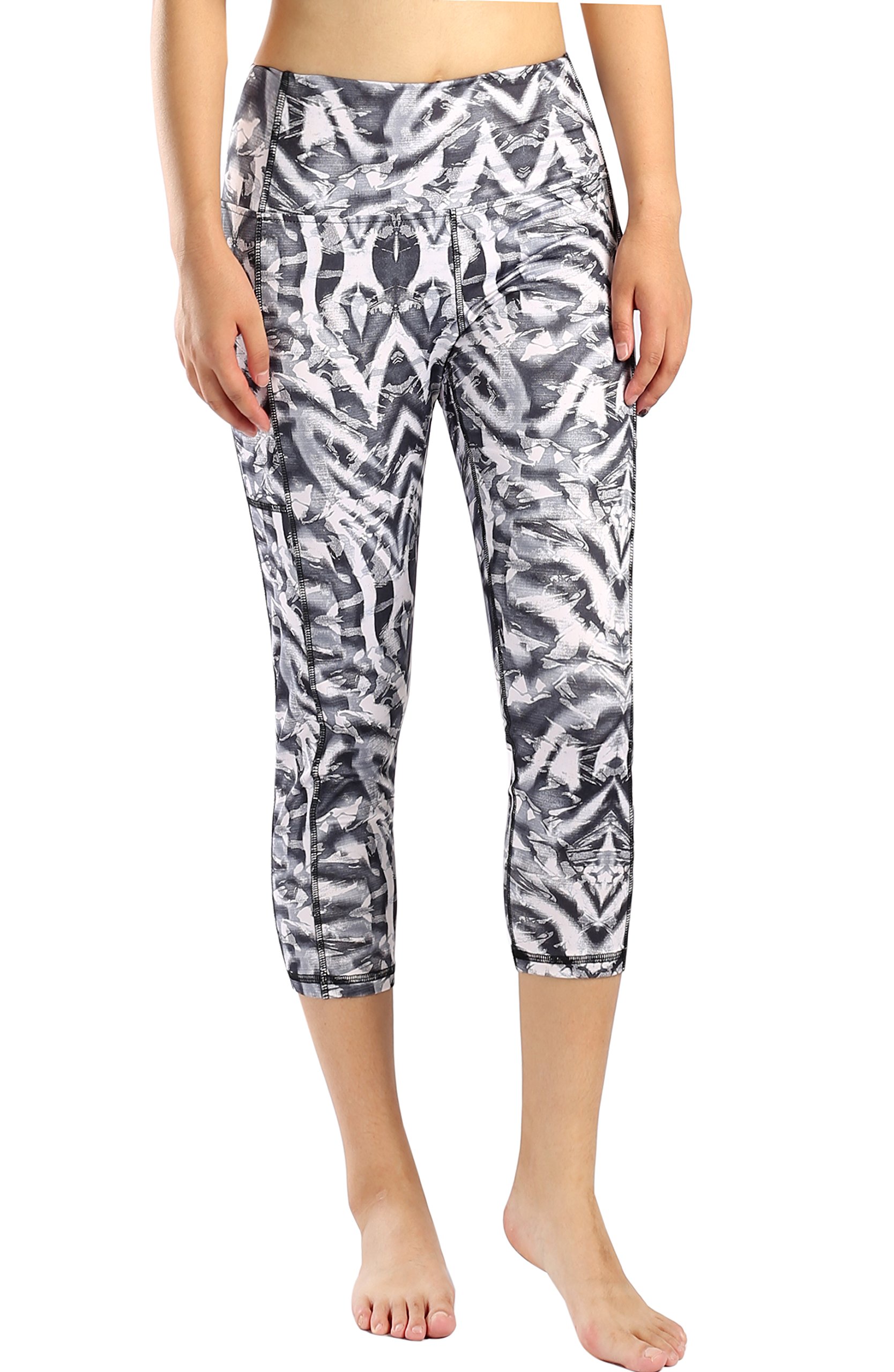 Women's High Waisted Yoga Pants with Pockets - Floral Pattern Running Capris for Workout, Gym & Lounge Wear