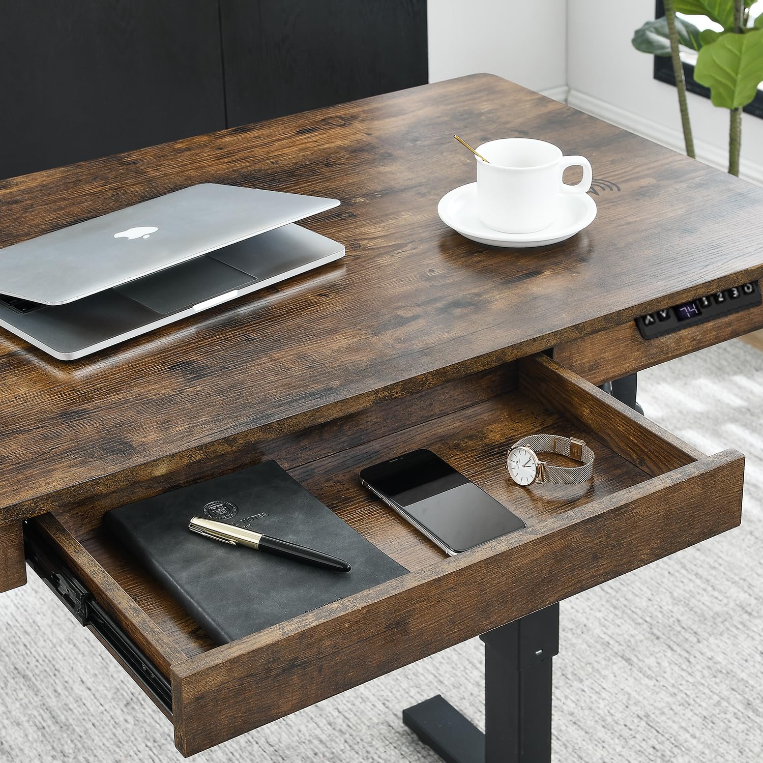48 x 24 Inches Electric Standing Desk with Drawer & 12W Wireless Charging - Adjustable Height One-Piece Wooden Desktop for Home Office (Sit to Stand Workstation, Perfect for Remote Work & Small Spaces)