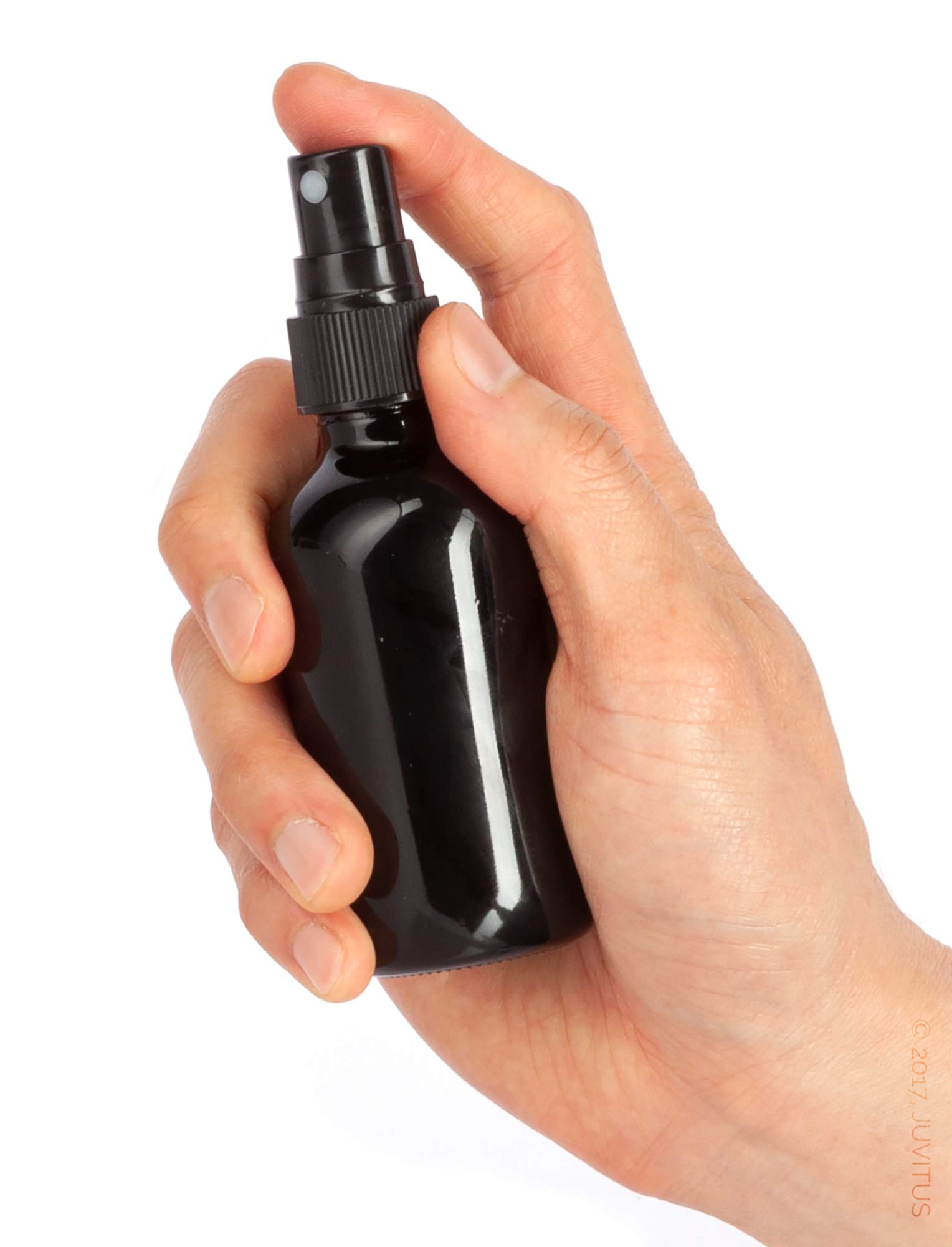 JUVITUS 2 oz Black Glass Boston Round Bottle with Black Fine Mist Spray (6 Pack) + Funnel - Perfect for Essential Oils, Perfumes & DIY Beauty Products
