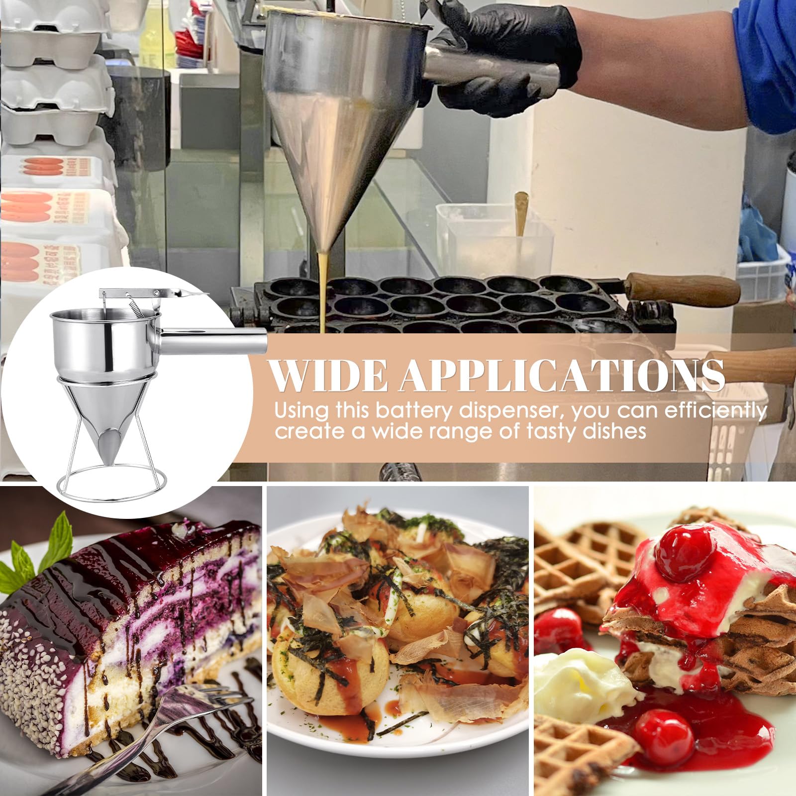 MAOPINER 600ML Stainless Steel Pancake Batter Dispenser - Commercial Grade Piston Funnel Cake Maker for Takoyaki, Waffles & Baking | Chocolate & Confectionery Dispenser with Stand (20OZ) | Perfect for Breakfast Cafes, Food Trucks & Home Baking