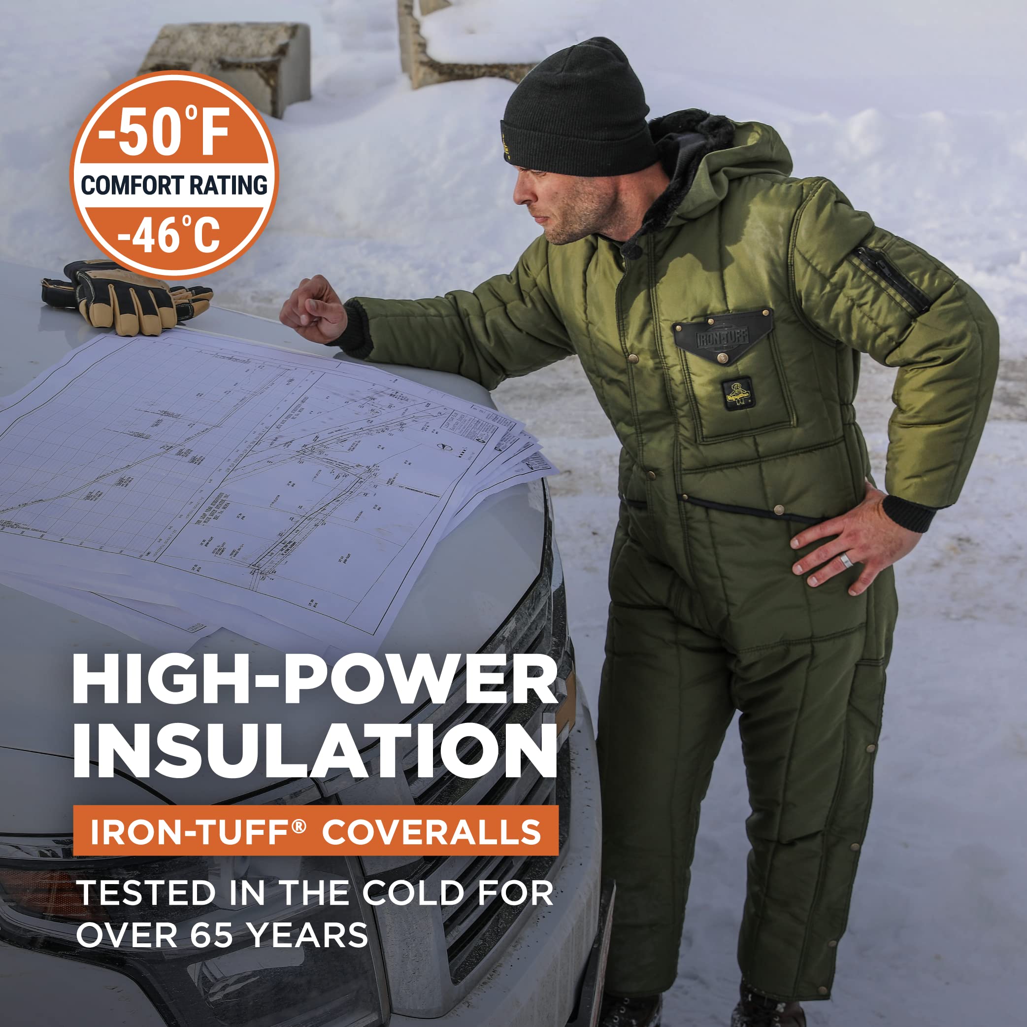 RefrigiWear Iron-Tuff Insulated Coveralls with Hood -50°F Extreme Cold Weather Workwear for Outdoor Winter Jobs & Hunting