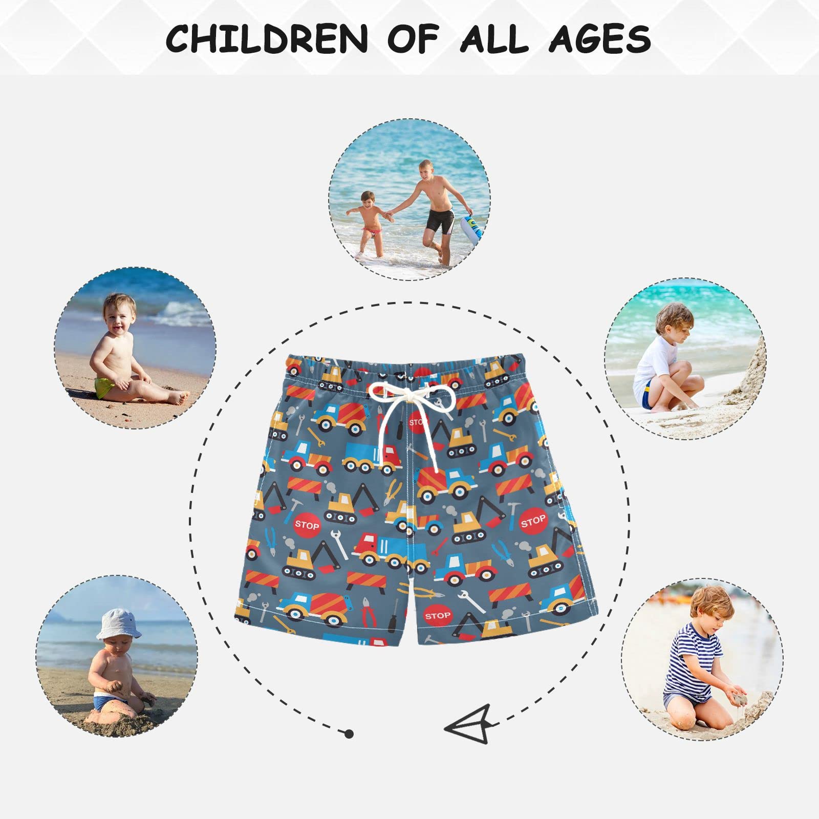 **Boys' Quick Dry Swim Trunks with Crane & Digger Print - Fun Construction Theme for Kids & Teens - Perfect for Pool, Beach & Summer Water Activities**