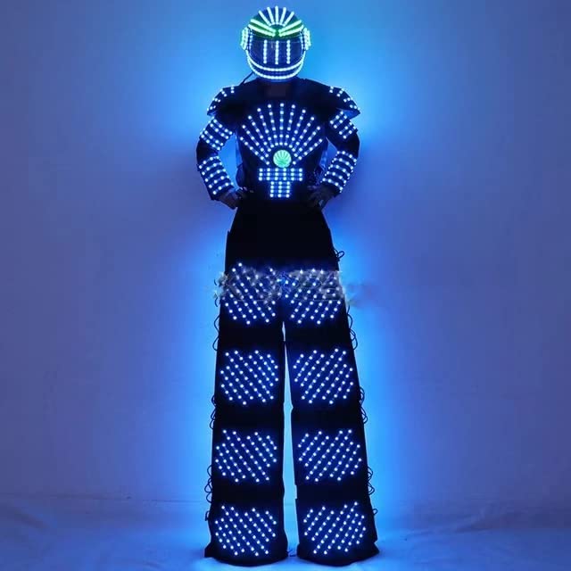 LED Robot Suit Costume with Jacket & Helmet - Futuristic Light-Up Stilt Walker Outfit for Cosplay, Halloween, and Rave Parties