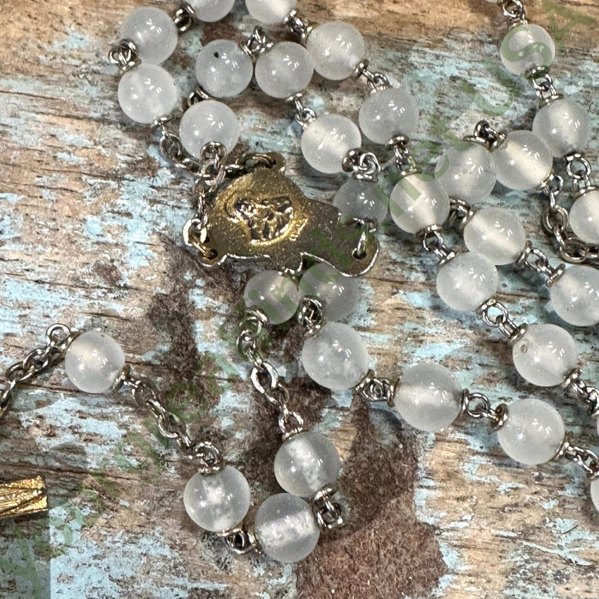 Vintage Italian Silky White Glass Bead Stanhope Rosary with Lord's Prayer - Perfect for Catholic Prayer, Meditation & Religious Gifts