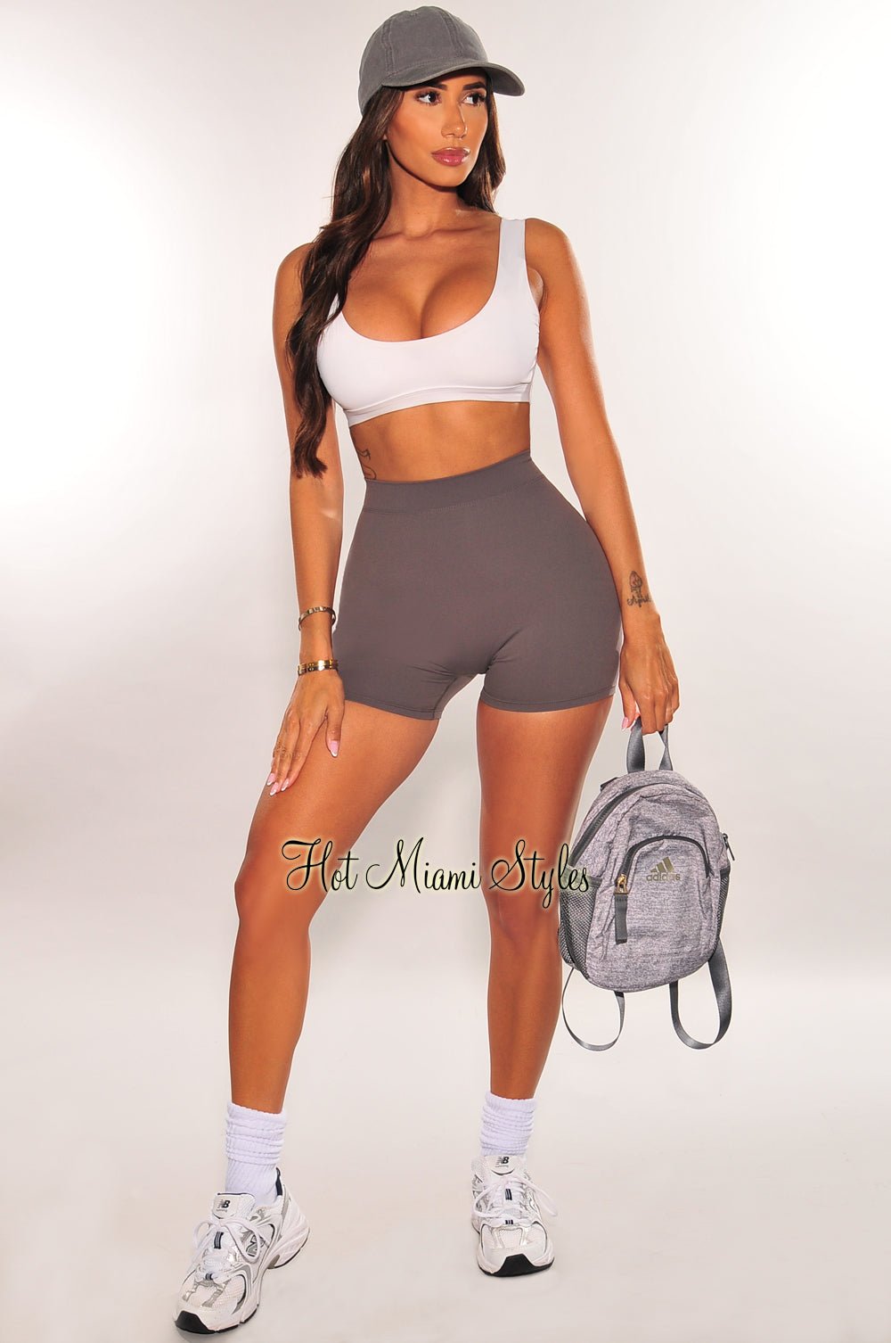 HMS Fit High Waist Scrunch Butt Lifting Workout Shorts for Women - Gray Yoga Running Gym Fitness Shorts