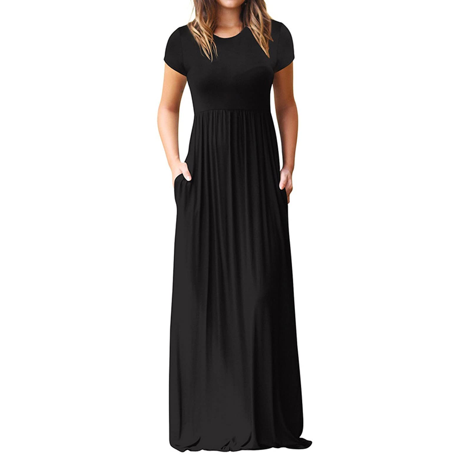 Elegant Black Floral Maxi Dress for Women - Sexy Summer Sundress with Pockets, Short Sleeve, Floor Length Party Dress (Size L) | Perfect for Beach Vacations, Date Nights & Summer Weddings