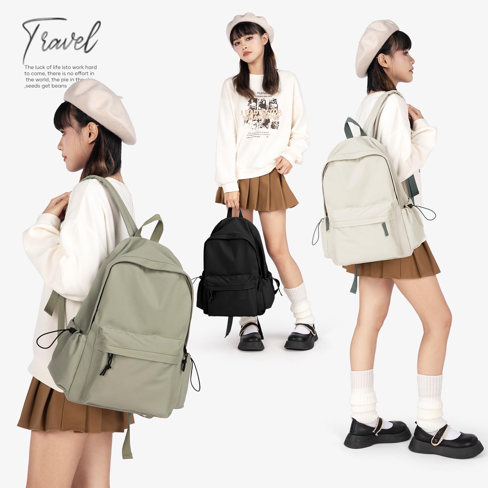 **Stylish Waterproof School Backpack for Girls & Boys - Lightweight Laptop Backpack for College & High School - Durable Casual Daypack (Beige/Green) - Perfect for Classes, Travel & Daily Commute**