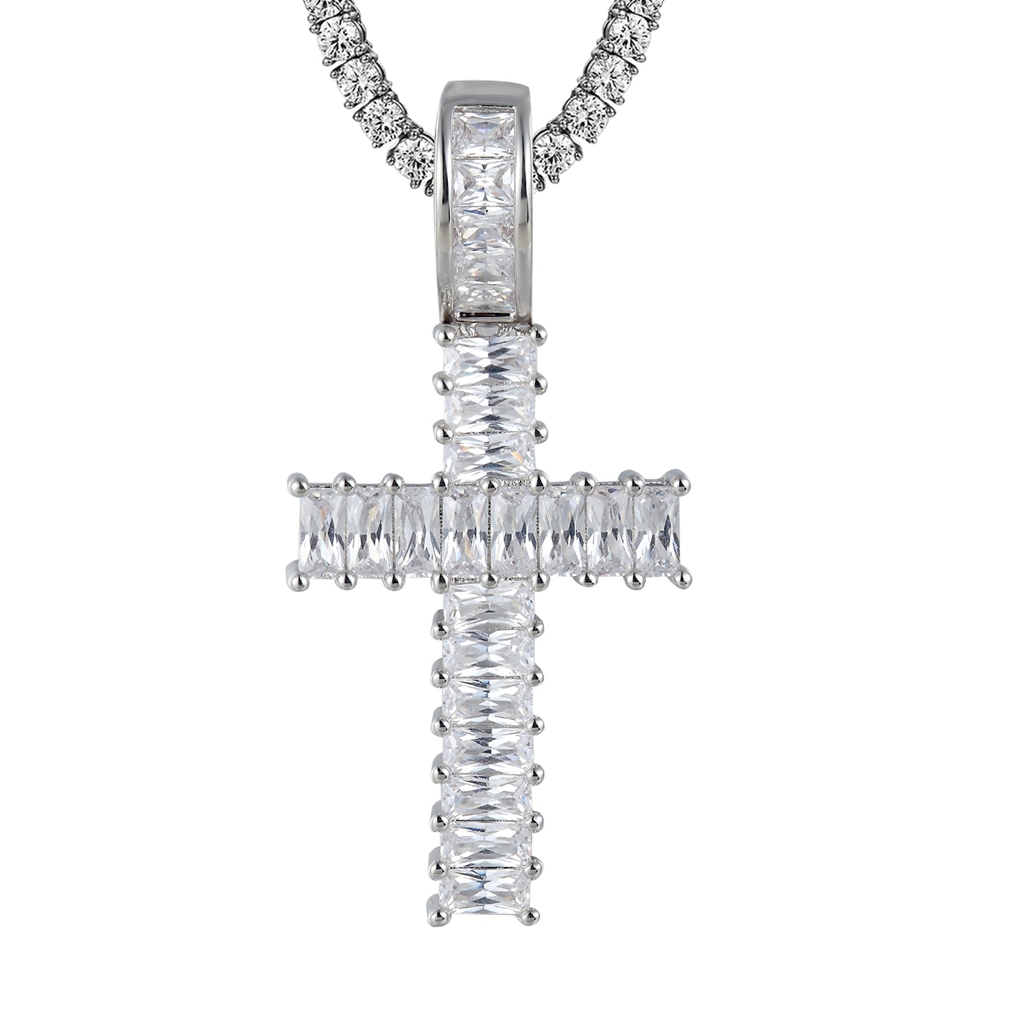 Silver One Row Baguette Bling Prong Jesus Cross Pendant Necklace - Elegant Religious Jewelry for Women & Men - Perfect for Church, Baptism, Weddings & Everyday Faith Wear