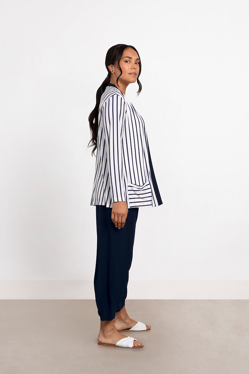 Women's Navy Striped Everyday Cardigan - Soft Comfortable Knit Sweater for Casual Wear, Office & Layering