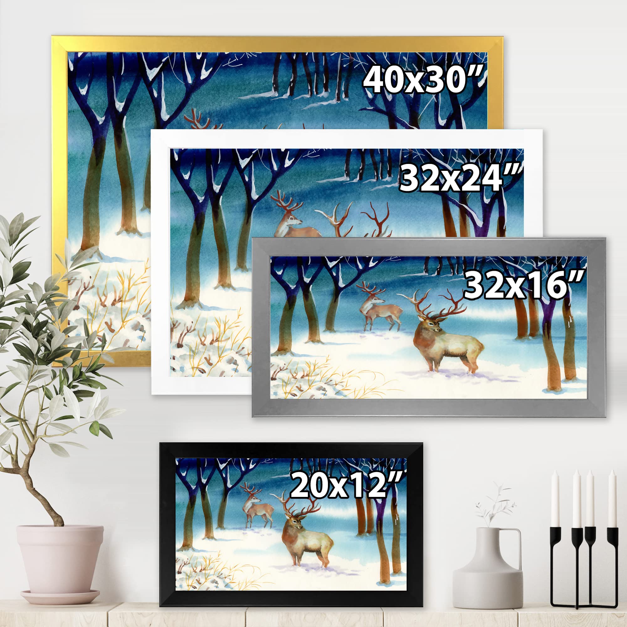 DesignQ Winter Landscape With Deer Traditional Framed Wall Art - Nature Inspired Home Decor for Living Room, Bedroom & Office