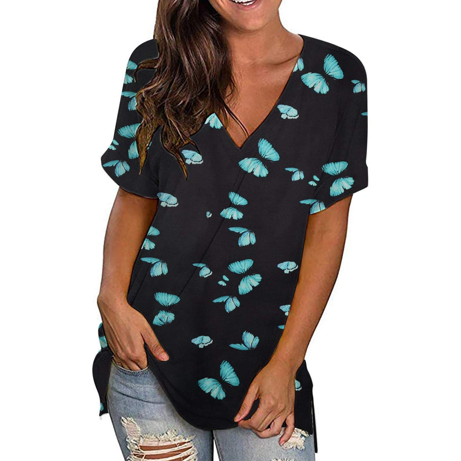 Women's Summer Casual Tops - Short Sleeve V-Neck Lace Blouse, Loose Comfort Fit T-Shirt for Everyday Wear | Perfect for Beach Outings, Weekend Brunch & Summer Vacation