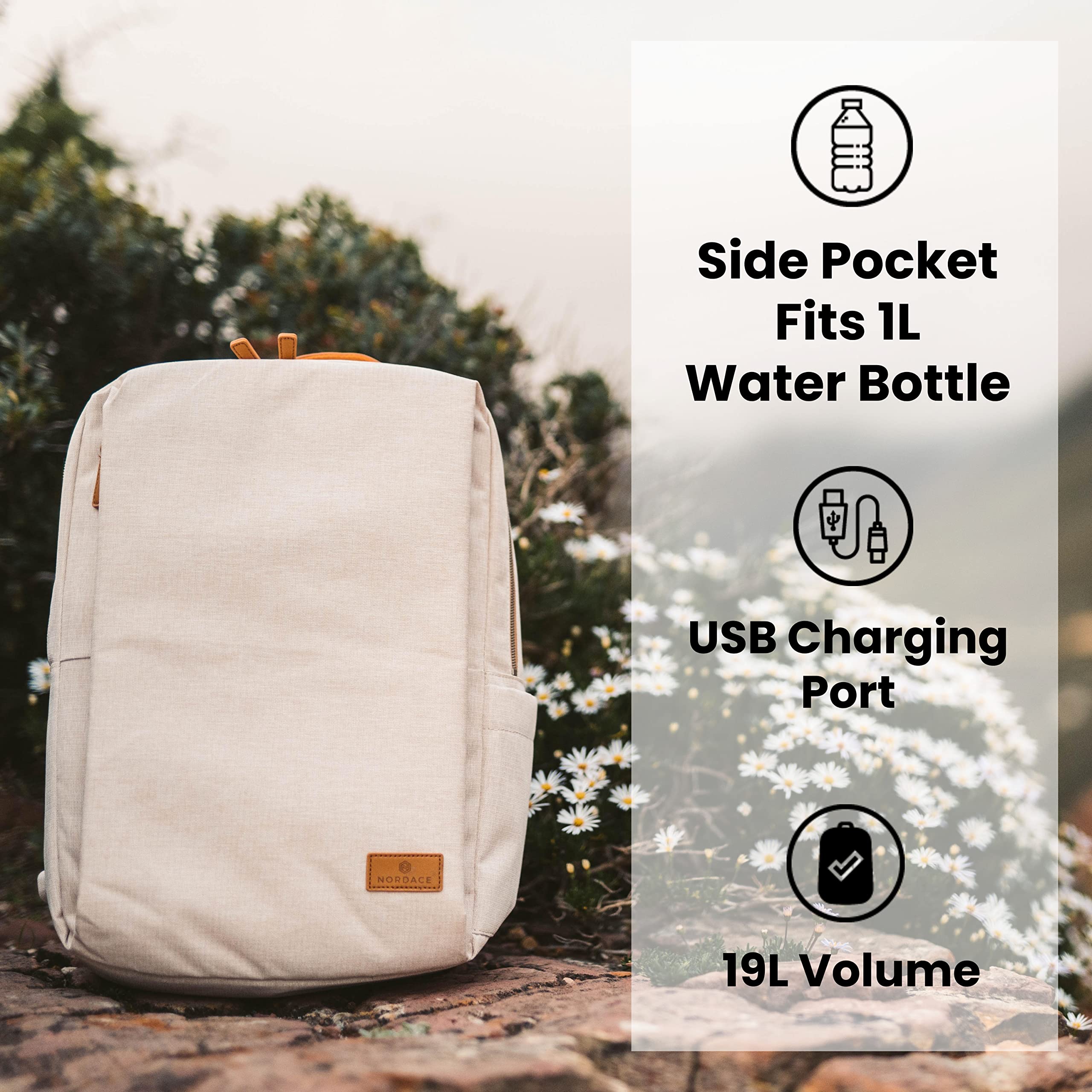 Nordace Siena Smart Backpack with USB Charging Port - 15.6 Inch Laptop Backpack for Men & Women, 19L Lightweight Travel Backpack for Work, School, Commuting & Everyday Use (Beige) | Durable & Water-Resistant