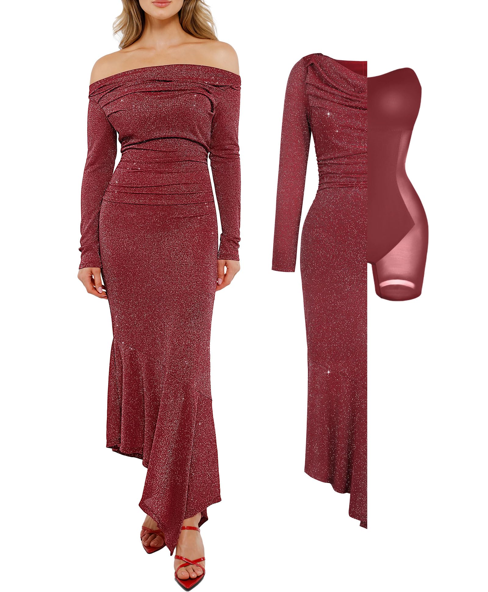 Sparkly Long Sleeve Off Shoulder Bodycon Dress for Women - Sexy Cocktail & Mermaid Shapewear Dress for Party, Night Out, Date Night, and Special Occasions