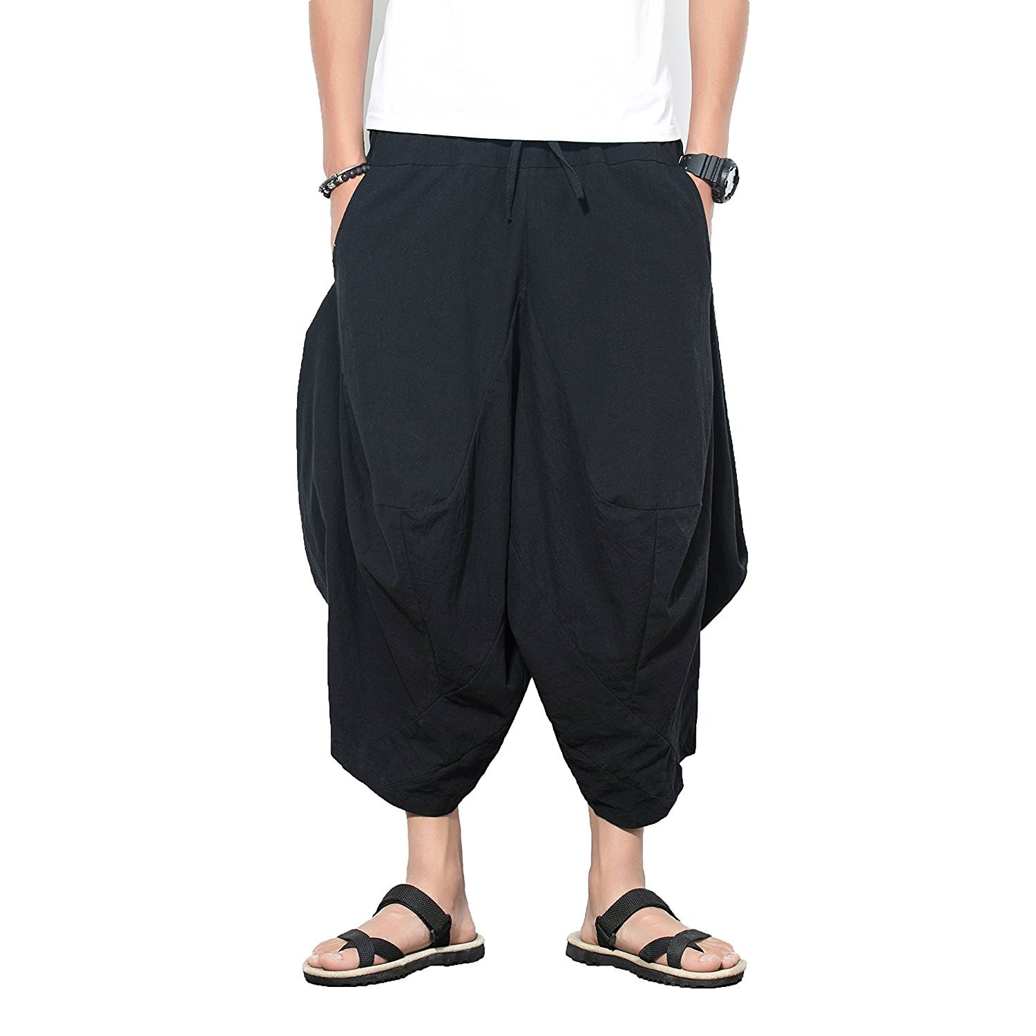 INVACHI Men's Linen Capri Pants - Casual Drawstring Yoga Pants with Wide Leg | Comfortable Harem Pants for Beach, Lounge & Summer Travel | Breathable Linen Shorts for Men