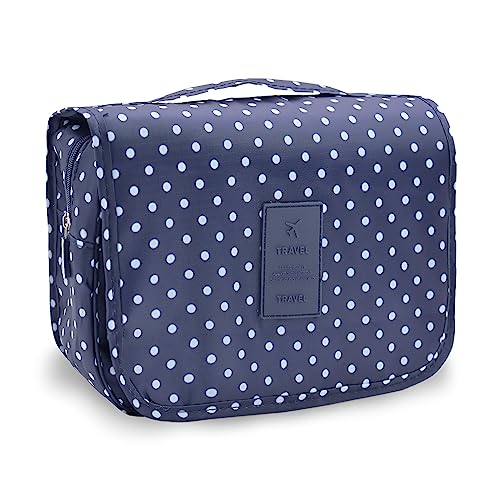 Waterproof Hanging Toiletry Bag for Travel - Large Capacity Cosmetic Organizer with Multiple Pockets, Portable Makeup Bag for Women & Men (Navy Dot) - Perfect for Airplane, Gym, Camping & Daily Use