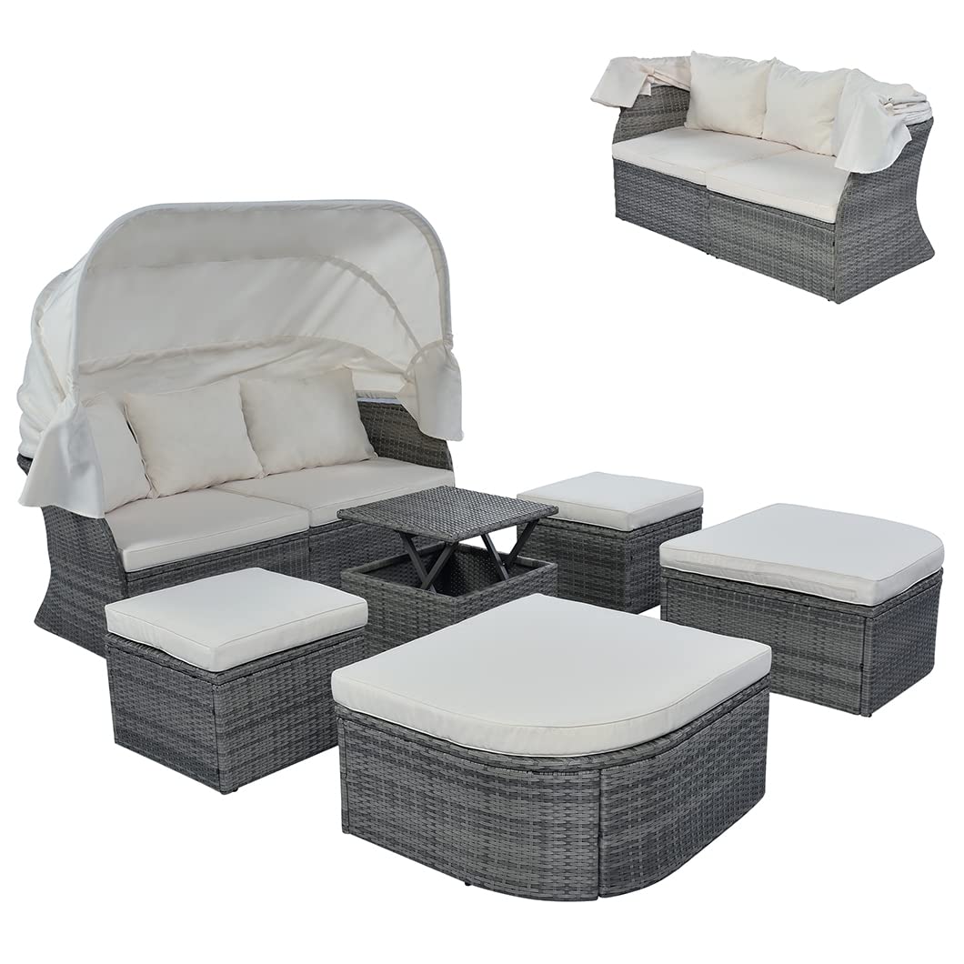 Outdoor Rattan Daybed with Retractable Canopy - Patio Furniture Wicker Sofa Set for Backyard, Porch & Poolside - Sectional Conversation Sunbed with Separated Seating | Perfect for Lounging, Sunbathing and Outdoor Relaxation