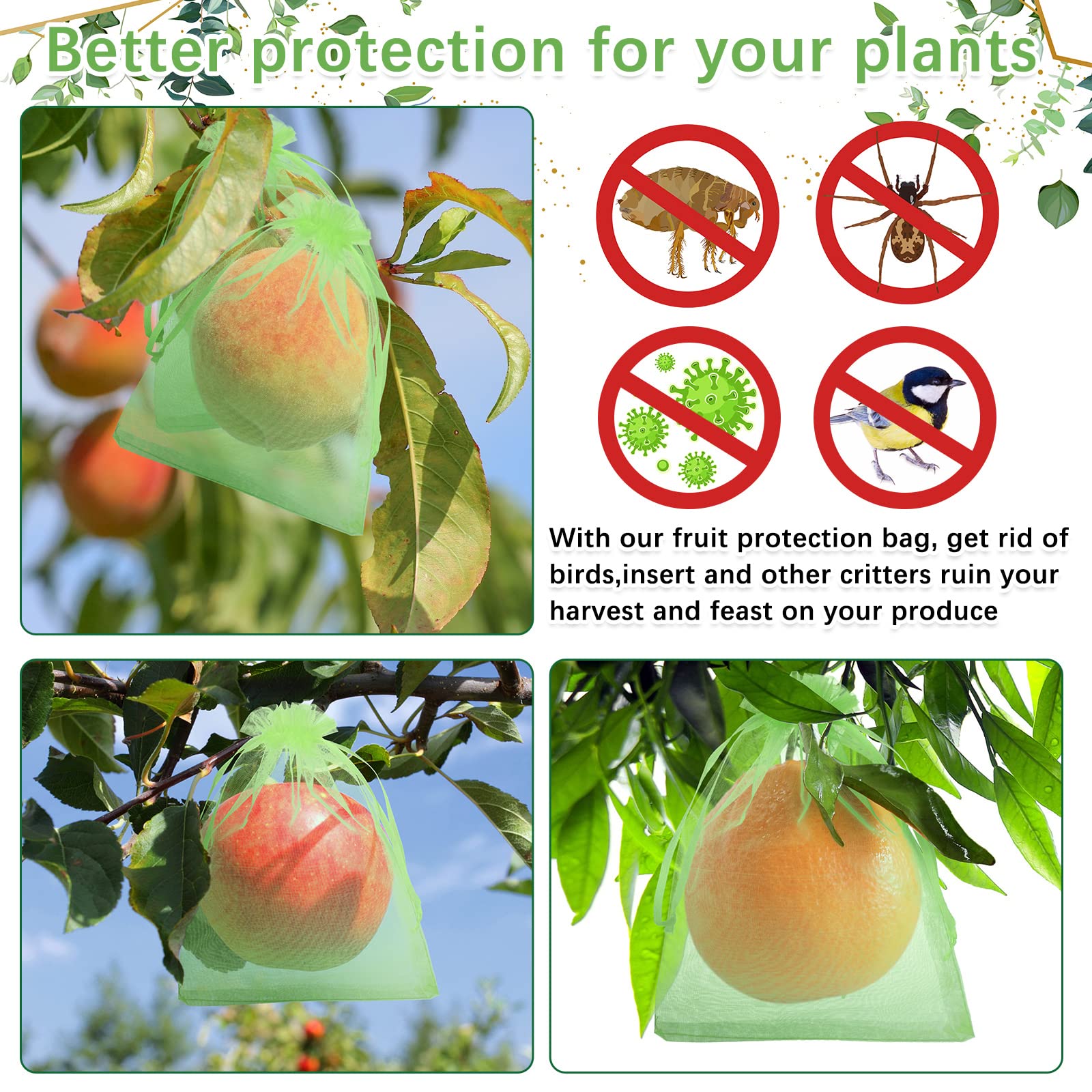 BOAO 200 Pcs Reusable Mesh Fruit Protection Bags with Drawstring - Breathable Garden Netting Covers for Apple Trees, Vegetables & Plants (Ideal for Organic Gardening & Pest Control)