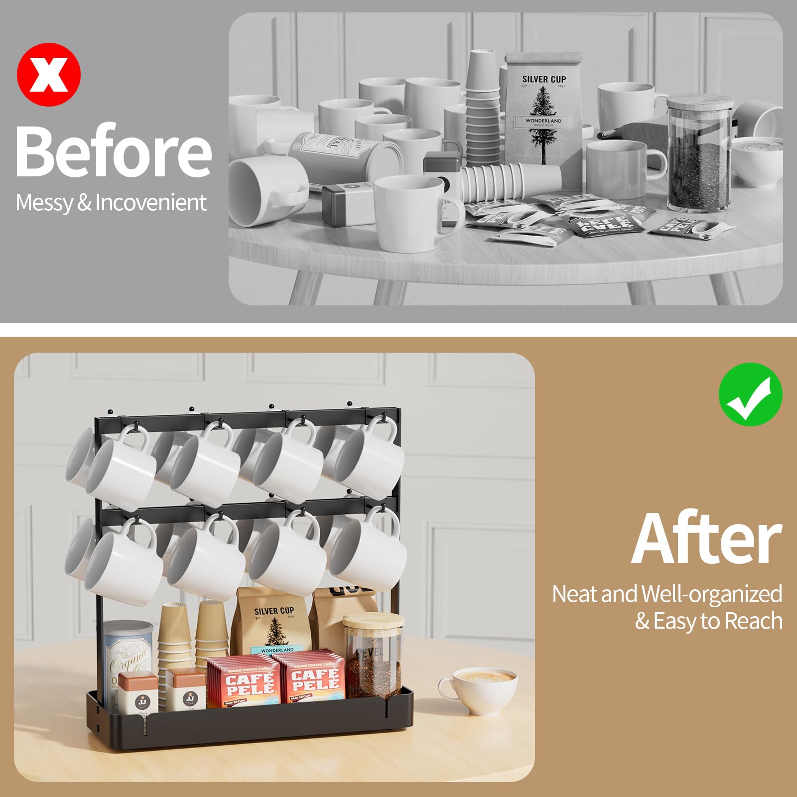 16-Hook Adjustable Metal Coffee Mug Holder - 2-Tier Countertop Cup Rack with Storage Shelf for Kitchen & Office - Perfect for Organizing Mugs, Cups, and Small Kitchen Accessories
