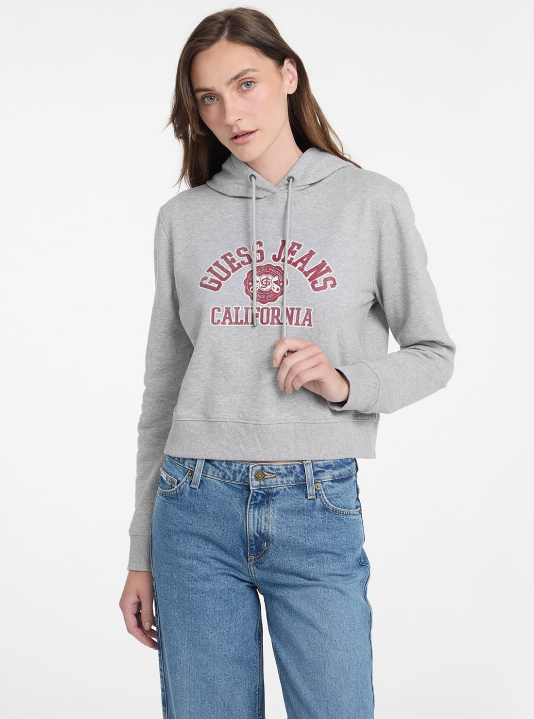 Guess Jeans Grey Crop Hoodie with Print - Women's Casual Pullover Sweatshirt for Streetwear & Loungewear