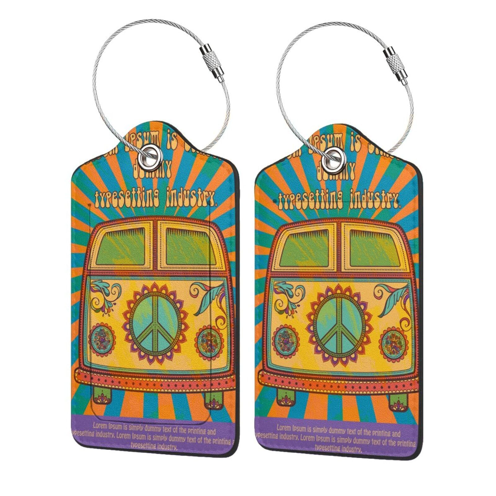 2 Pack Stylish PU Leather Luggage Tags with Privacy ID Card & Stainless Steel Loop - Durable Suitcase Identifiers for Travel (Hippie Design) - Perfect for Airports, Cruises & Business Trips (Men & Women)