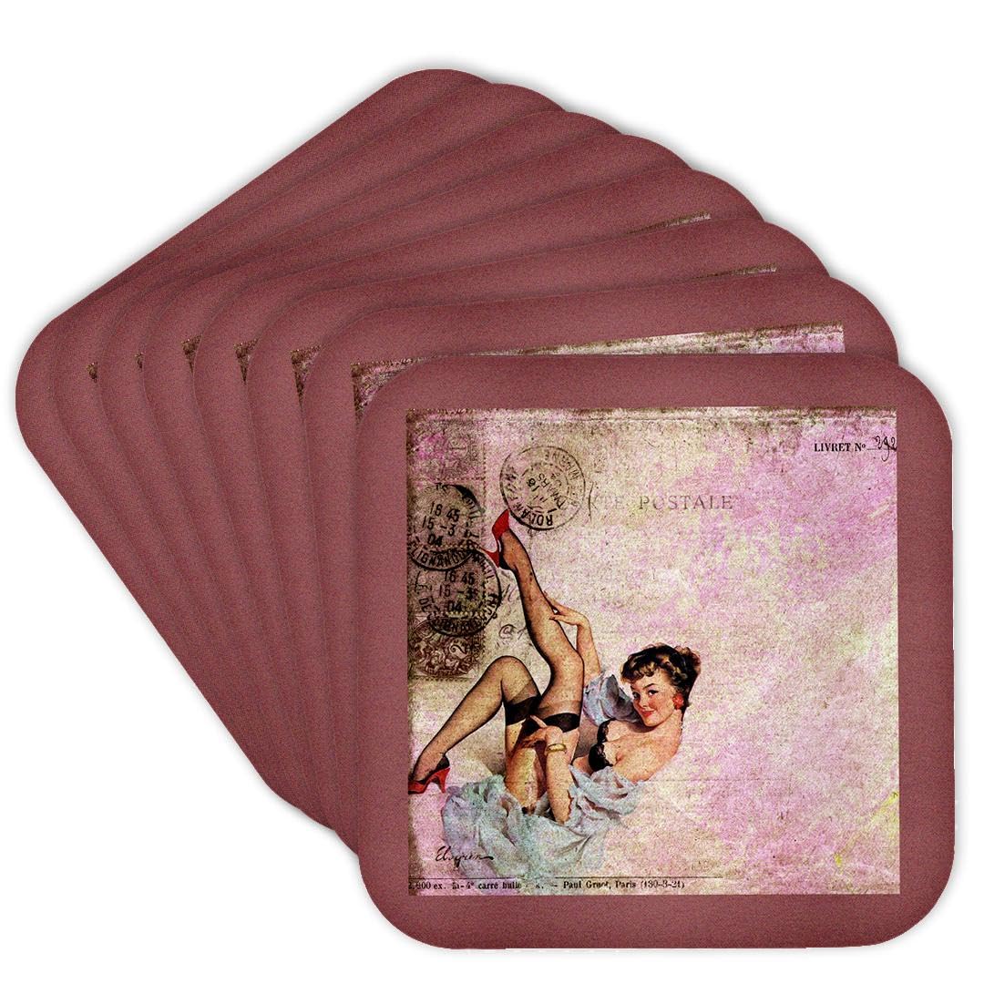 Vintage Pinup Digital Art Collage Soft Coasters - Set of 8, 3D Rose Design - Perfect for Home Bar, Coffee Table & Retro Decor (CST_192930_2)