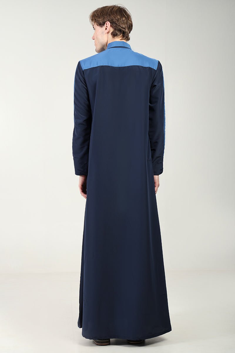 Premium Kashibo Dual Tone Throbe with Shirt Collar & Contrast Detailing - Navy Blue Islamic Prayer Dress for Men - Perfect for Eid, Mosque & Special Occasions