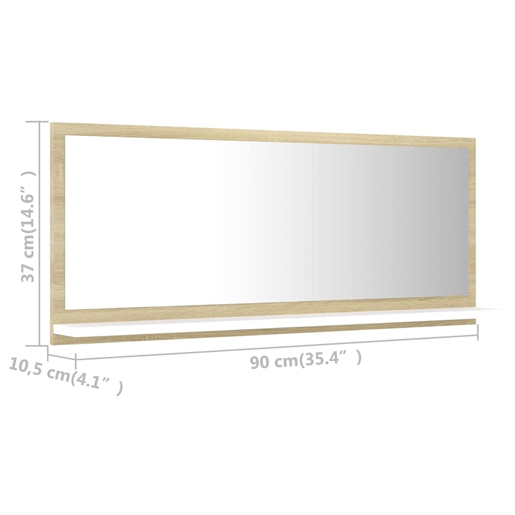 Modern Rectangle Wall Mirror - White & Sonoma Oak Bathroom Vanity Mirror 35.4x14.6 Inches - Chipboard Framed Wall-Mounted Mirror for Bathroom, Bedroom & Entryway Decor