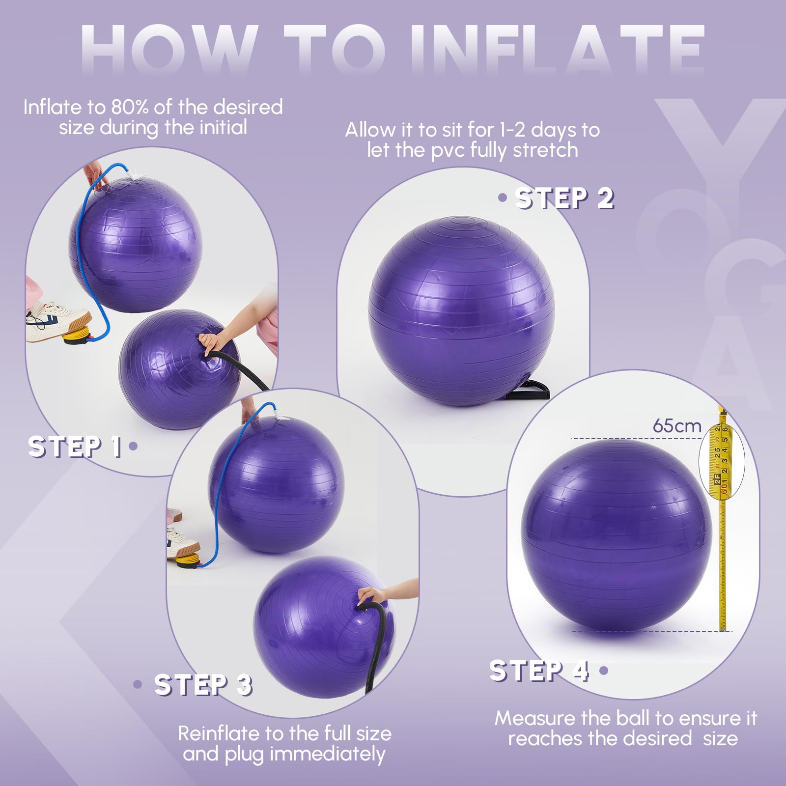 65cm Yoga Ball Chair with Inflatable Stability Base & Resistance Bands - Large Exercise Stability Ball for Home Workout, Office Desk Sitting, Gym Fitness - Relieves Back Pain & Improves Balance - Includes Air Pump - Perfect for Home Office, Yoga Practice & Core Strength Training