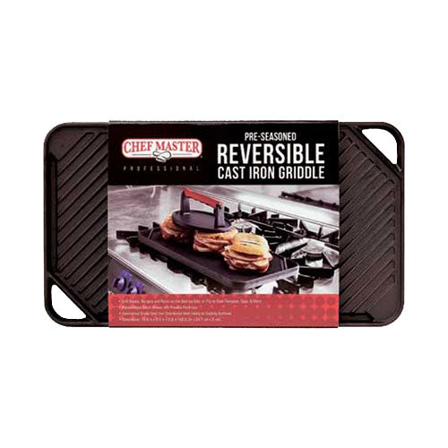 Chef Master 90202 Cast Iron Reversible Grill Griddle - Perfect for Stovetop, Oven & Outdoor Cooking - Ideal for Pancakes, Burgers & Steaks