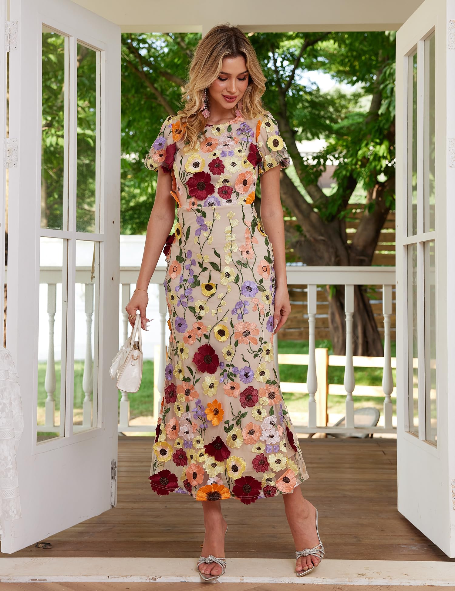 Elegant Floral Embroidery Maxi Dress for Women - High Neck Lace Bodycon Evening Gown with Puff Sleeves | Perfect for Wedding Guest, Cocktail Party, Date Night & Special Occasions