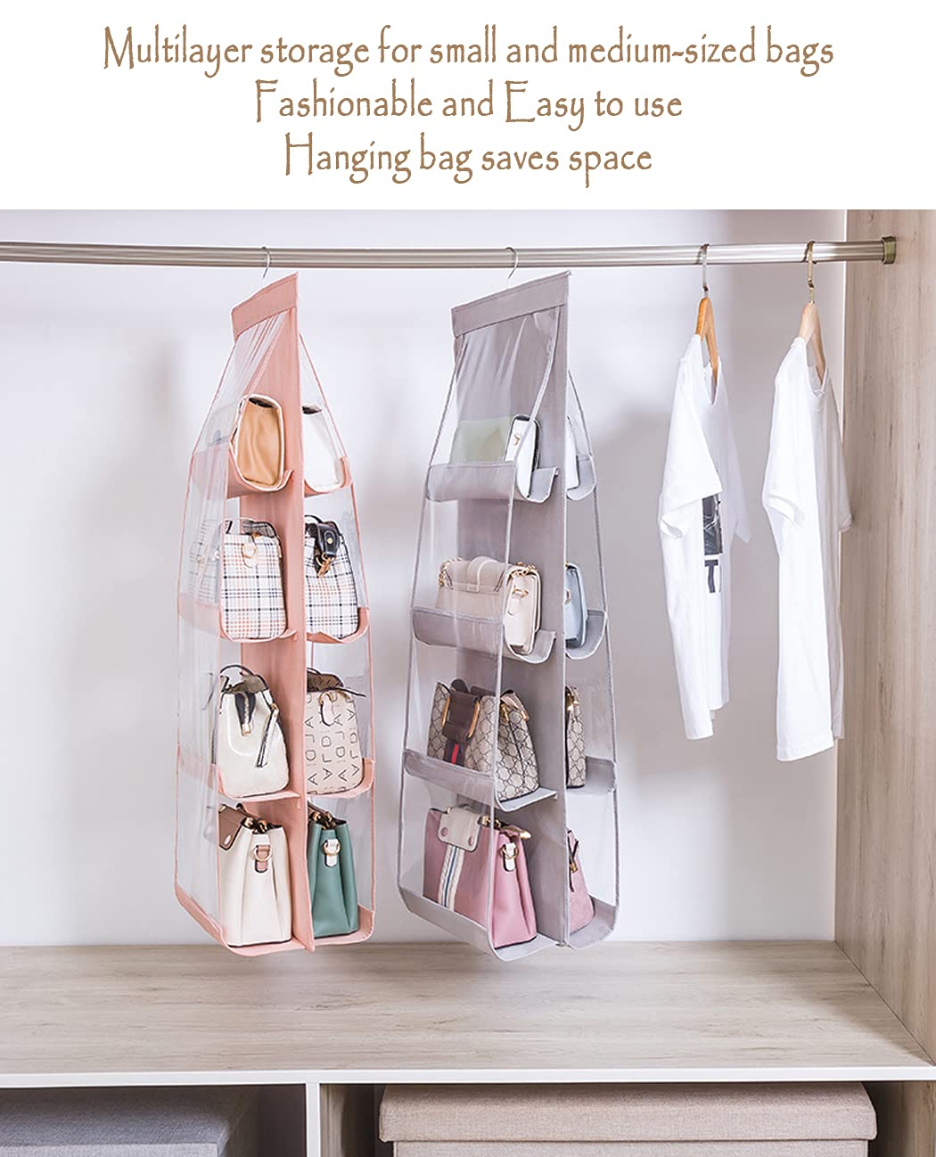 MURRI&MURRDI 2-Pack Hanging Handbag Organizer for Closet - 8 Clear PVC Pockets Purse Storage Holder - Space Saving Wardrobe Organizer (Gray) - Perfect for Handbag, Wallet & Accessory Storage in Bedroom or Walk-in Closet